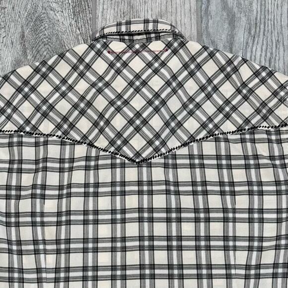 Men's Black &‎ White Western Plaid Shirt Pearl Snaps size Large by Guess - Picture 7 of 11